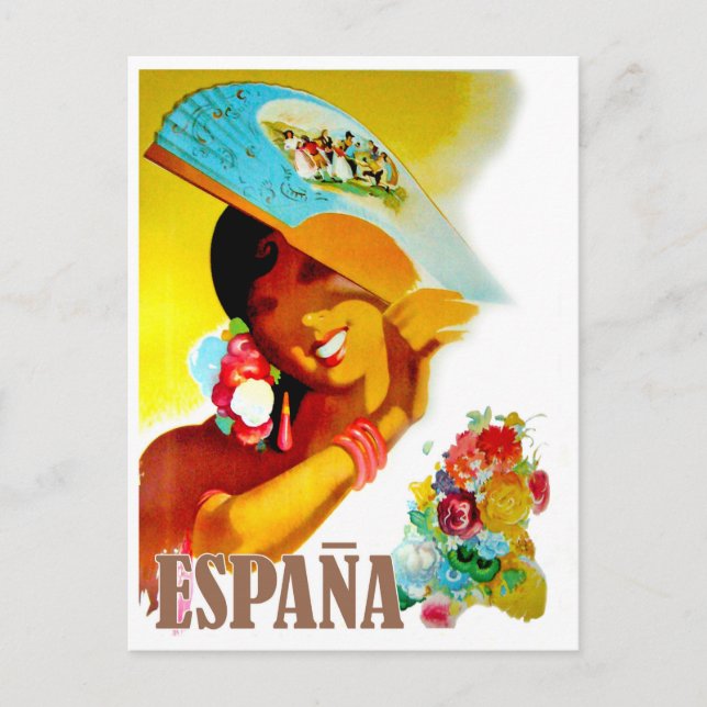 Espagne, femme derrière fan, carte postale voyage  (Devant)