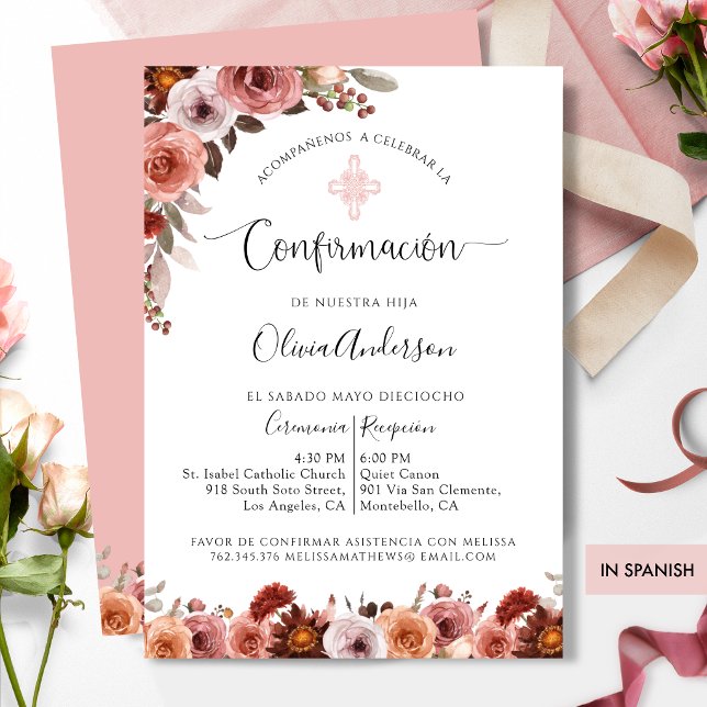 Espagnol Confirmation Blush Rose Floral Invitation (Créateur téléchargé)
