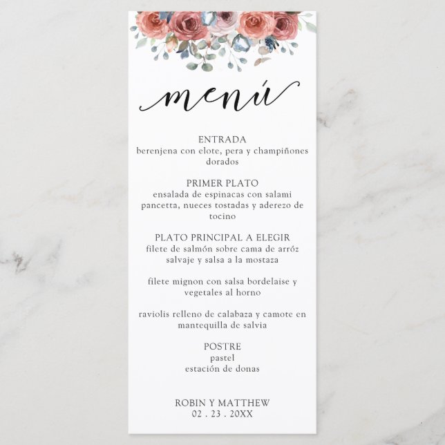 Espagnol, Dusty Blue Blissant Floral Mariage Menu (Devant)