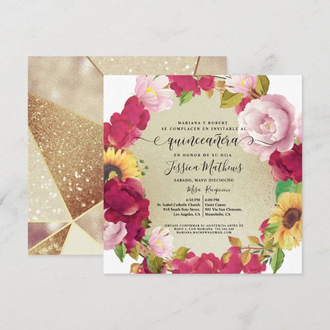 Espagnol, Floral Rouge Quinceañera, Invitation Par (Devant / Derrière)