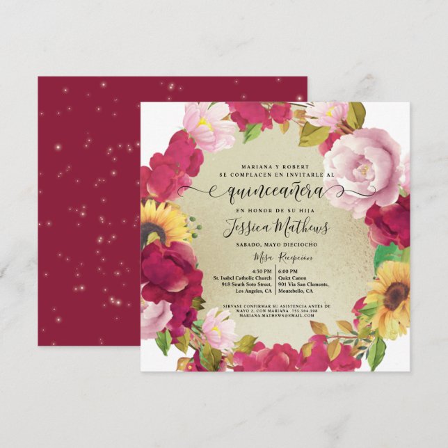 Espagnol, Quinceañera Elégante Invitation Flore Ro (Devant / Derrière)