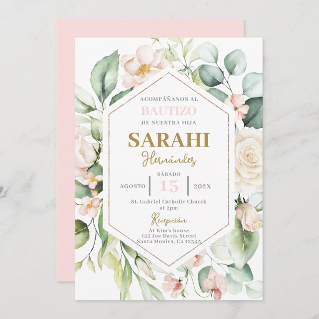 Espagnol rose floral Baptême fille invitation (Devant / Derrière)