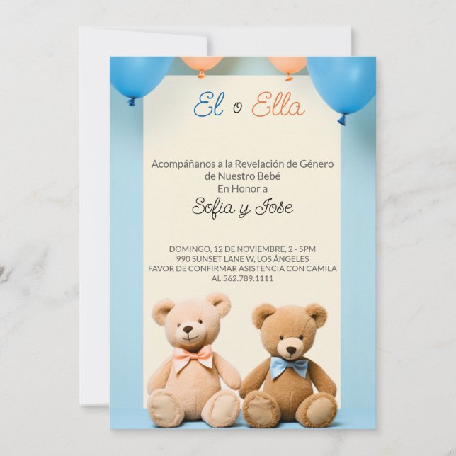 Espagnol Teddy Bear Genre Reveal Party Invitation (Devant)