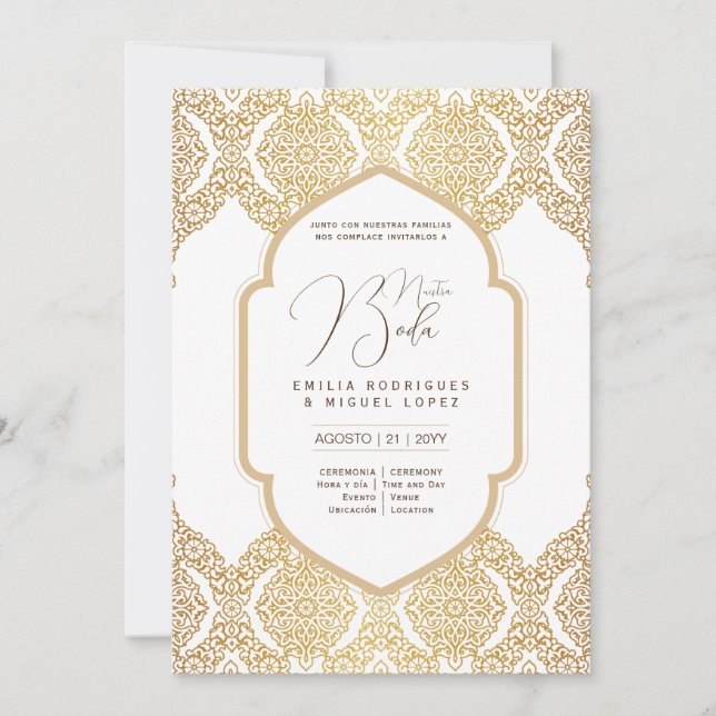 Espanol Invitación Boda Elegante Weißes Gold Verzi Einladung (Vorderseite)