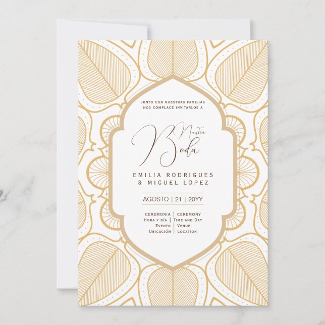 Espanol Invitación Boda Elegante Weißes Gold Verzi Einladung (Vorderseite)