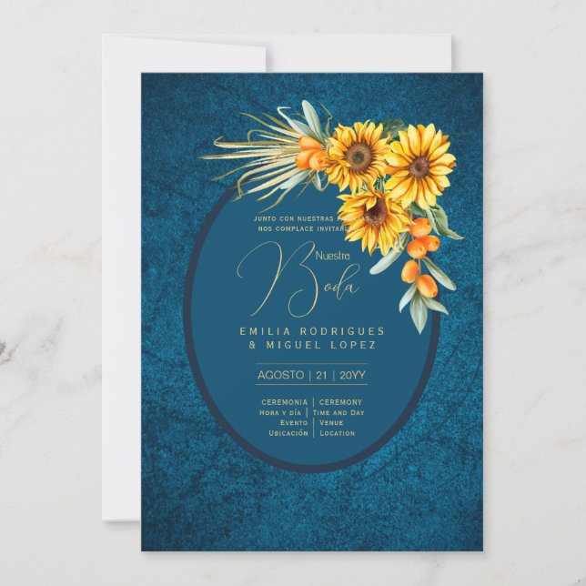 Espanol Invitación Boda Rustic Blue Sunflores Einladung (Vorderseite)