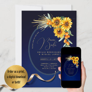 Espanol Invitación Boda Rustic Blue Sunflowers Inv Einladung