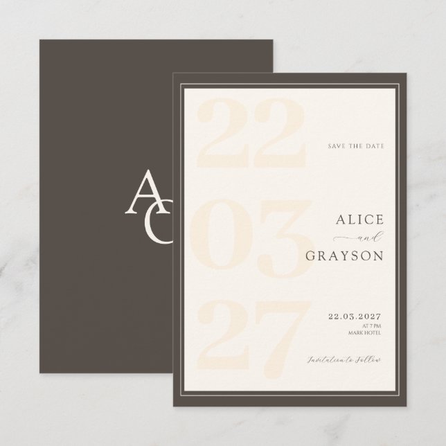 Espresso Beige Classic Modern Minimalist Wedding  Save The Date (Vorne/Hinten)
