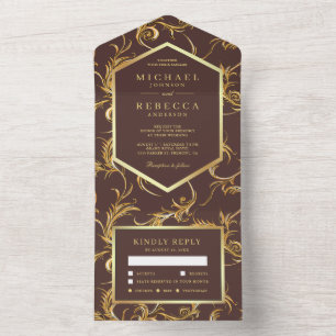 Espresso Braun Goldfolie Flourish Wirbel Hochzeit All In One Einladung