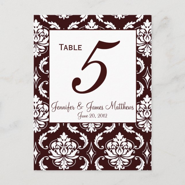 Espresso Brown Damask Wedding Tischnummer Card (Vorderseite)