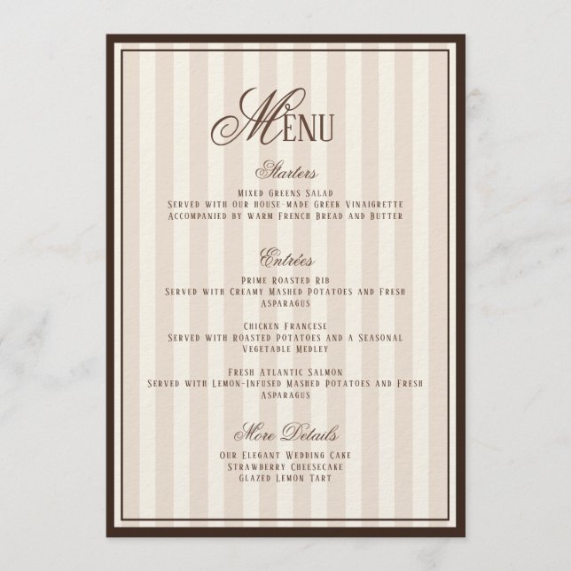 Espresso Cappuccino Striped Wedding Menu  Card Einladung (Vorderseite)