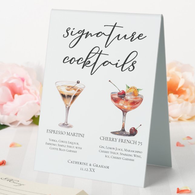 Espresso Martini Cherry French 75 Cocktails Menü Tischaufsteller (In Situ (Hochzeit))