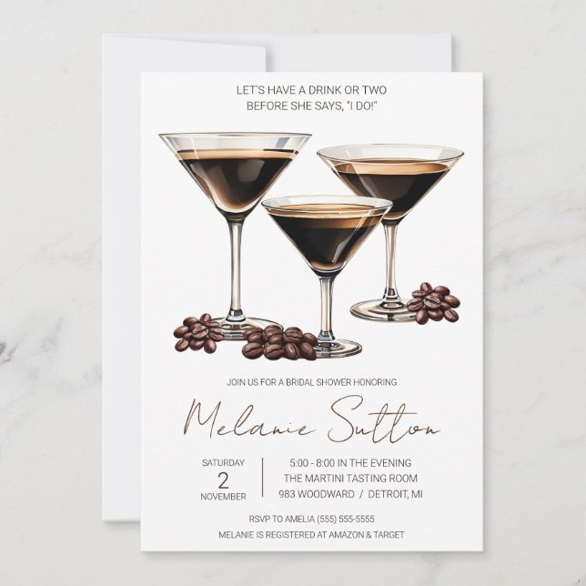 Espresso Martini, Cocktail Drink, Brautparty Einladung (Vorderseite)