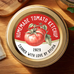 Essbarer hausgemachter Tomatenketchup mit roter To Runder Aufkleber
