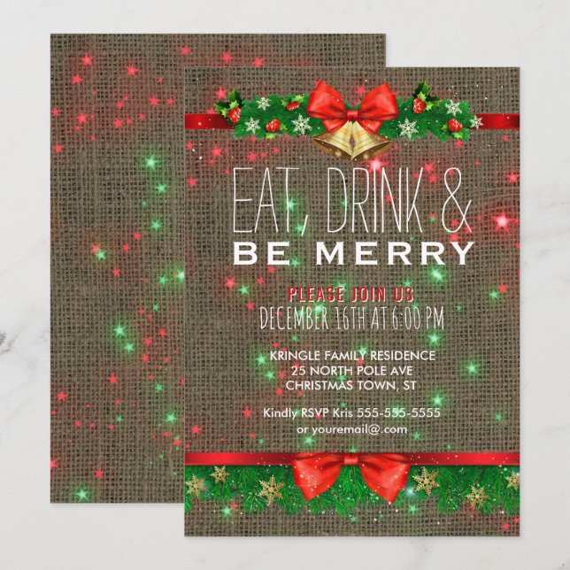 Essen Drink sei frohe Weihnachtsfeier Rustikal Einladung (Vorne/Hinten)
