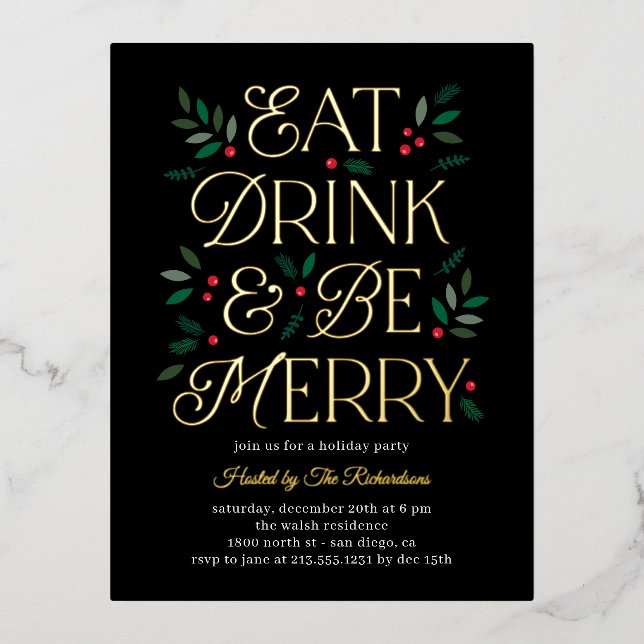 Essen Drink sei Merry Foil Holiday Einladung Postk (Vorderseite)