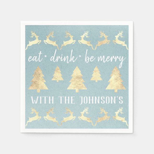 Essen Drink sei Merry Gold Reindeer Kraft Blue Aqu Serviette (Vorderseite)