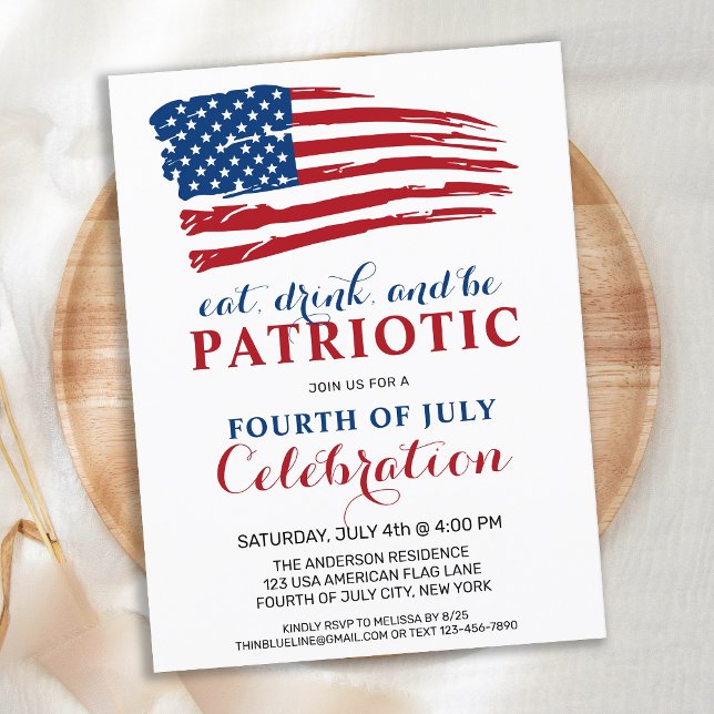 Essen Drink sei Patriotic USA Flag 4. Juli Party Einladungspostkarte (Von Creator hochgeladen)