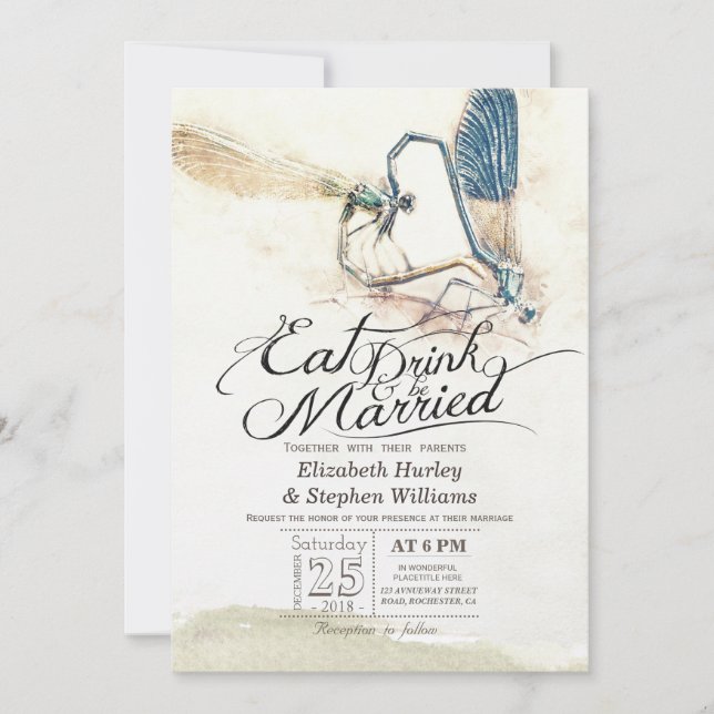 Essen Drink sei Verheiratet Hochzeitdrachenpaarung Einladung (Vorderseite)