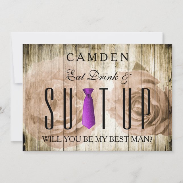 Essen Drink & Suitup Holz Werden Sie mein Bestman  Einladung (Vorderseite)