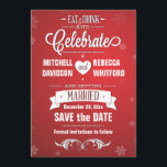 Essen Drink und feiern Winterrot Save the Date<br><div class="desc">Möchten Sie dieses Design in verschiedenen Farben oder mit einem anderen Hintergrund? Bitte kontaktieren Sie uns über unseren WeddingBazaar Shop und wir helfen Ihnen gerne weiter. Mit diesem Ankündigung Datum freihalten verkünden Sie Ihr Winterhochzeitdatum mit dem Thema "Eat, Drink and Be Verheiratet", das alle frage, Ihre Nuptien mit Ihnen in...</div>
