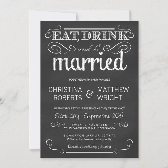 Essen Drink Verheiratet Chalkboard Hochzeit Einlad Einladung (Vorderseite)