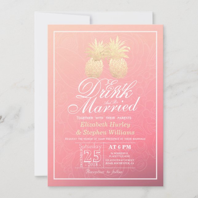 Essen Drink Verheiratet Hochzeit Gold Ananas Coupl Einladung (Vorderseite)