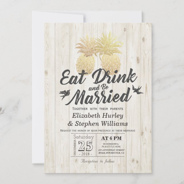 Essen Drink Verheiratet Hochzeit Gold Ananas Coupl Einladung (Vorderseite)