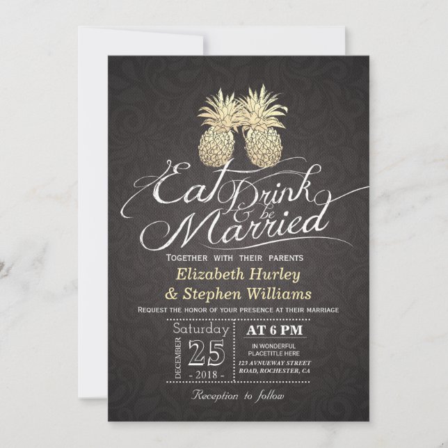 Essen Drink Verheiratet Hochzeit Gold Ananas Coupl Einladung (Vorderseite)