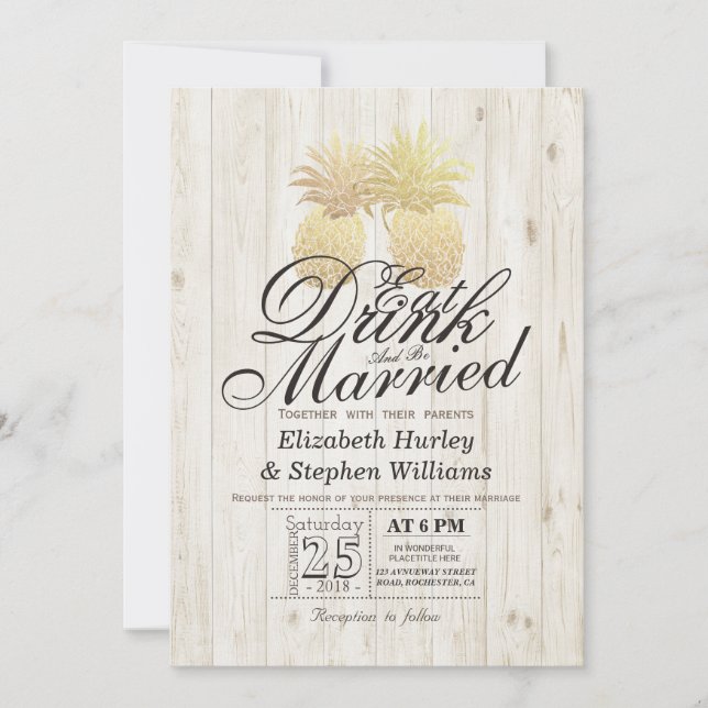 Essen Drink Verheiratet Hochzeit Gold Ananas Coupl Einladung (Vorderseite)