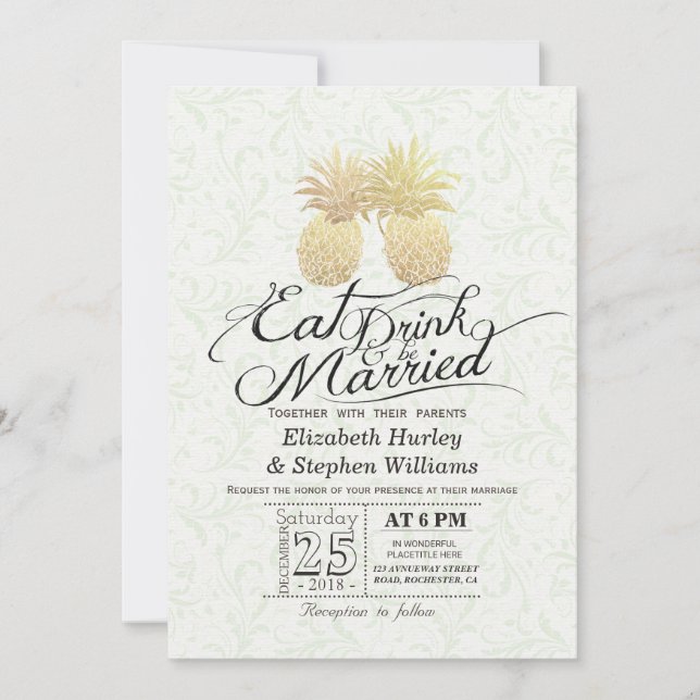 Essen Drink Verheiratet Hochzeit Gold Ananas Coupl Einladung (Vorderseite)