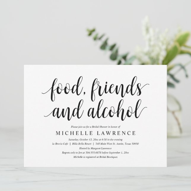 Essen, Freunde und Alkohol, Modernes Brautparty Einladung (Stehend Vorderseite)