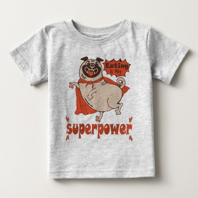 Essen ist mein überragender Rotkleid Mops Comic St Baby T-shirt (Vorderseite)