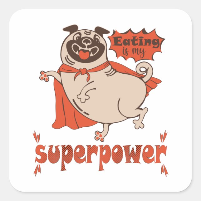 Essen ist mein überragender Rotkleid Mops Comic St Quadratischer Aufkleber (Vorderseite)