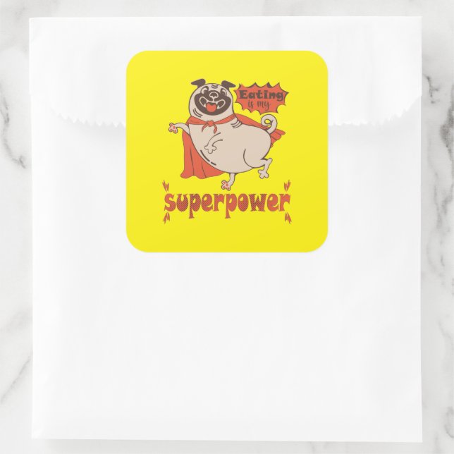 Essen ist mein überragender Rotkleid Mops Comic St Quadratischer Aufkleber (Tasche)
