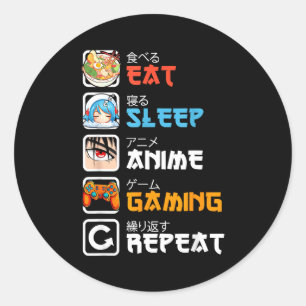 Essen Schlaf Anime Gaming Wiederholen Gamer Männer Runder Aufkleber