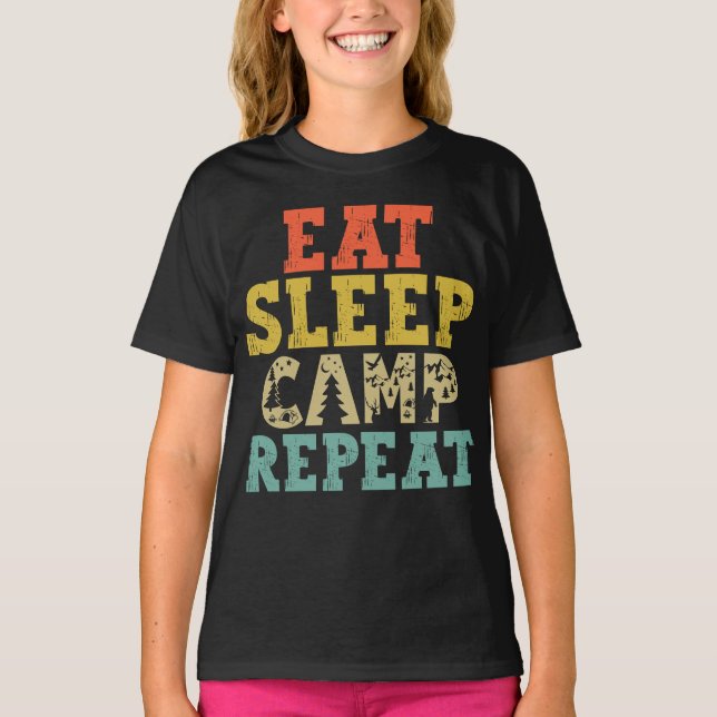 Essen Schlaf Camp Wiederholung Camping Lover T-Shirt (Vorderseite)