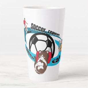 Essen, schlafen, Fußball, wiederholen. Cartoon Fuß Milchtasse