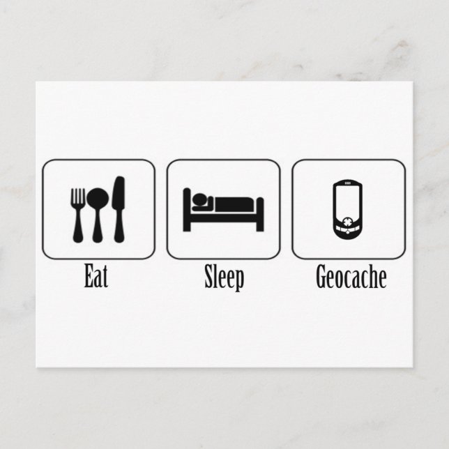 Essen, schlafen, Geocache Postkarte (Vorderseite)
