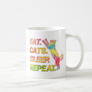 Essen, schlafen, Katzen, wiederholen - farbenfrohe Kaffeetasse