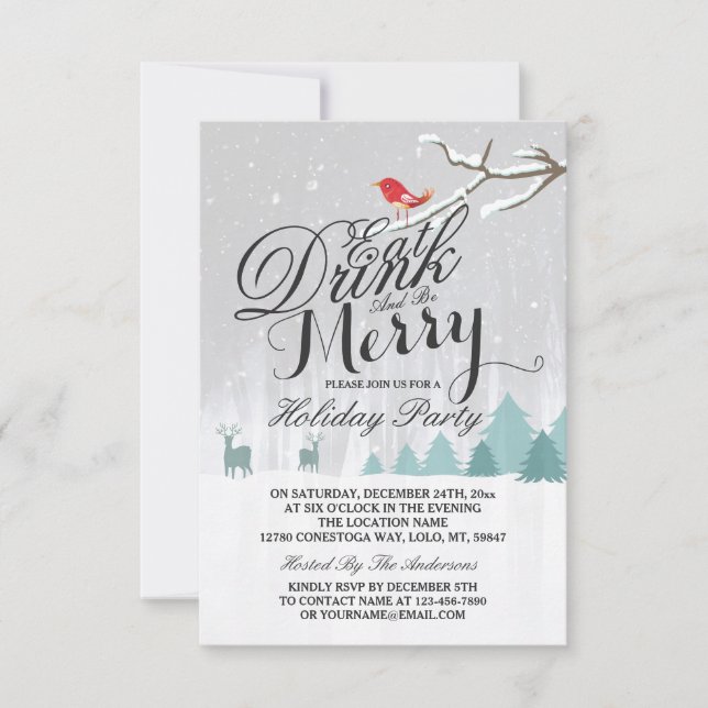 Essen Sie Drink & Be Merry Snow Deer Bird Holiday  Einladung (Vorderseite)