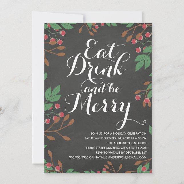 Essen Sie Drink und seien Sie Merry Holly Berries  Einladung (Vorderseite)