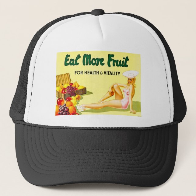 Essen Sie mehr Frucht - Vintage Vierzigerjahre der Truckerkappe (Vorderseite)