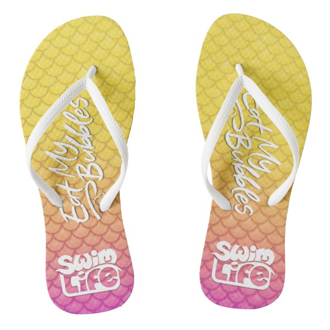"Essen Sie meine Blasen" Gelbe/rosa Waage Schwimme Flip Flops (Fußbett)