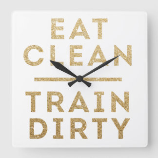 Essen Sie saubere Bahn schmutzige Gold Glitzer Wal Quadratische Wanduhr