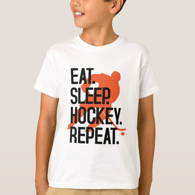 Essen Sie Schlaf-Hockey-Wiederholungs-lustiges T-Shirt (Vorderseite)