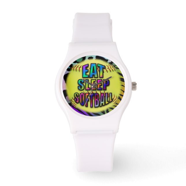 Essen Sie schlafende Softball Wild Animal Print Armbanduhr (Vorderseite)