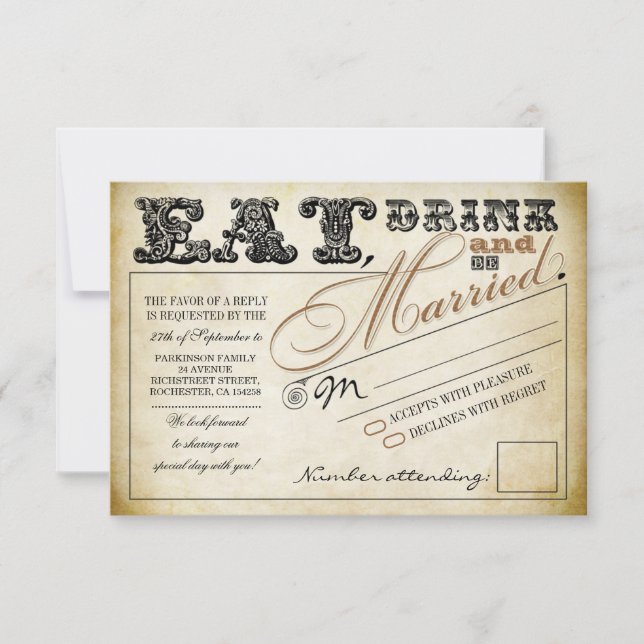 essen Sie trinken und verheiratet Hochzeit RSVP Karte (Vorderseite)