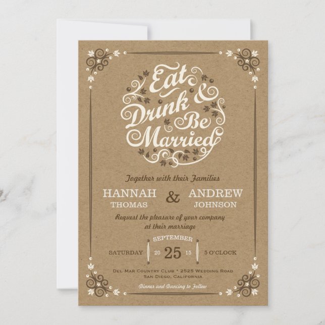 Essen Sie trinken und Verheiratete HochzeitKraft e Einladung (Vorderseite)