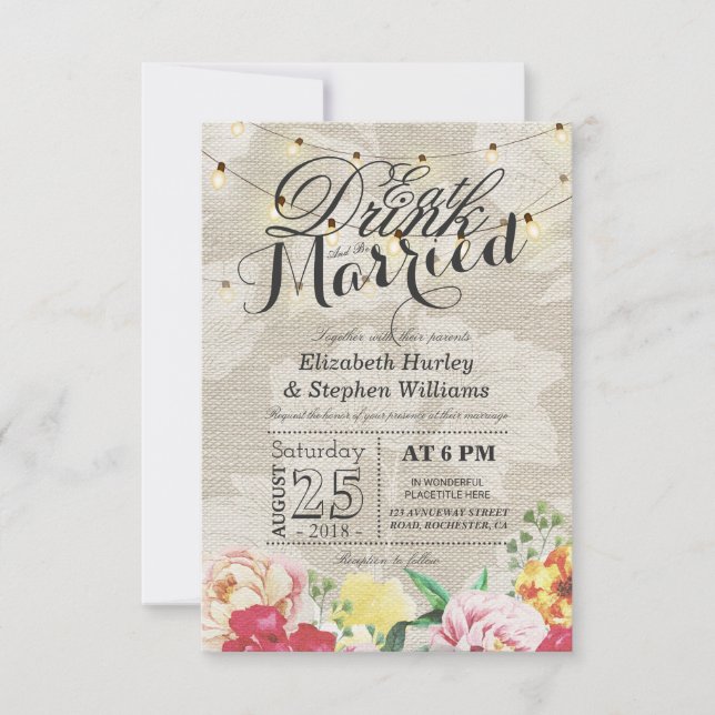Essen Sie trinken und Verheiratete String Light Ch Einladung (Vorderseite)